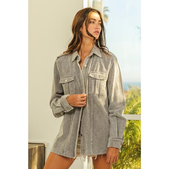 BiBi Button Up Long Sleeves Chest Pockets Relaxed Fit Corduroy Shacket | Grey - Picture 2 of 9